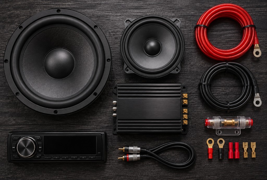 A car stereo, speakers, amplifier and fitting parts laid out as a complete kit